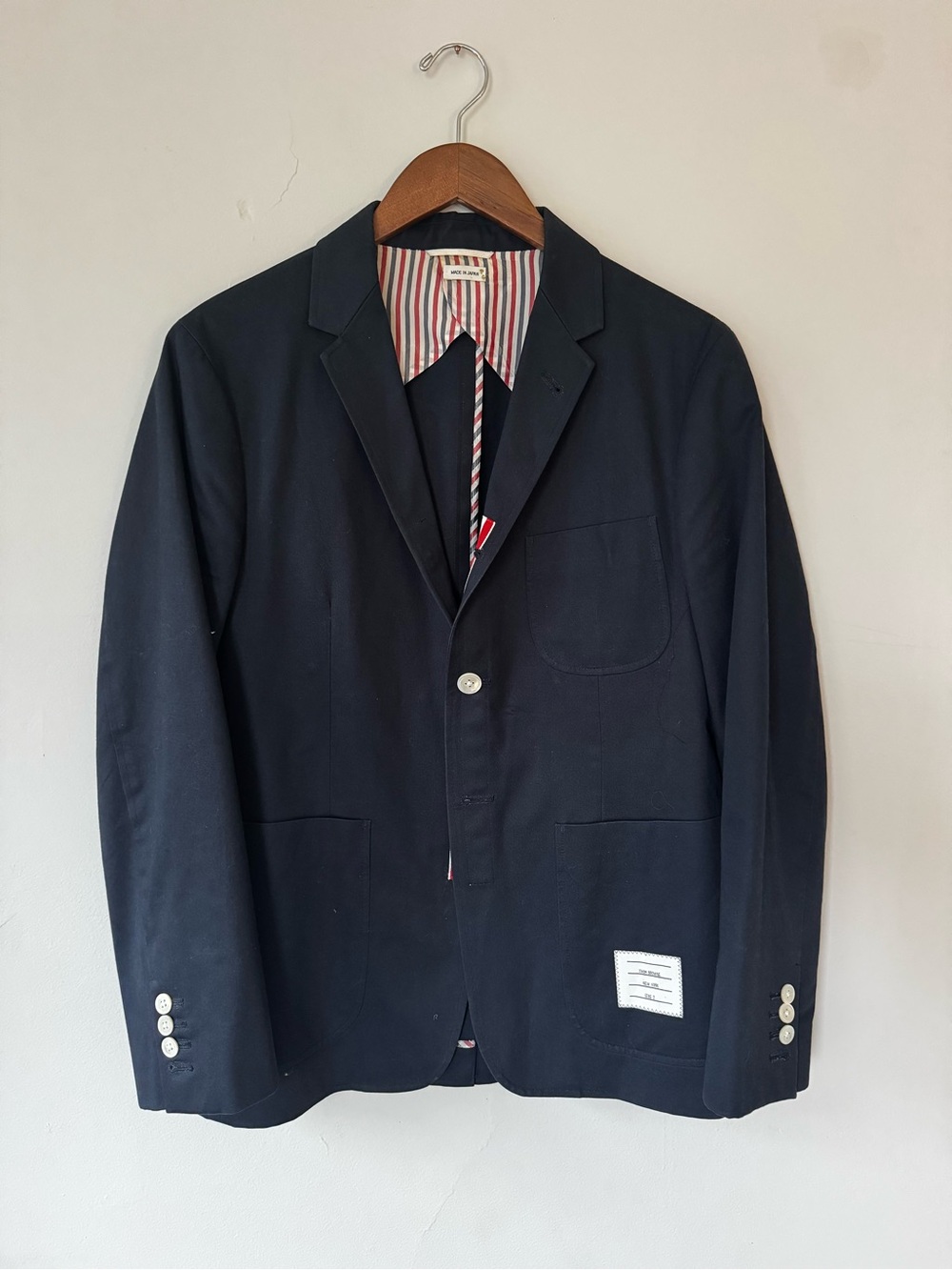 Thom Browne Navy Sport Coat with Signature Stripe Lining